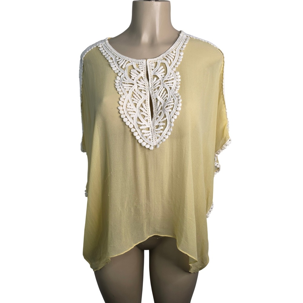 Collective Concepts Blouse Womens S Yellow Silk Crochet Lace Trim Boho Beach Top